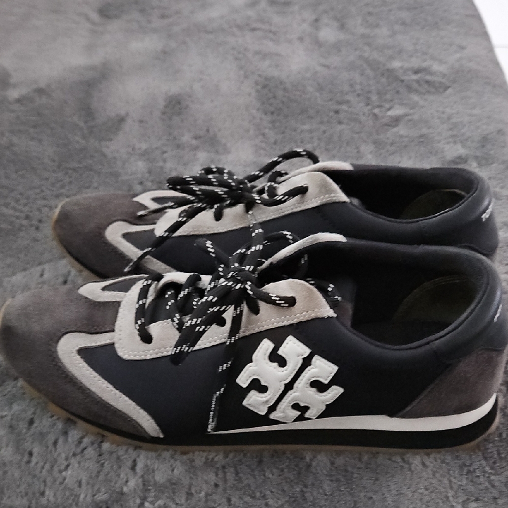 Tory Burch Gray and Black Suede Logo Sneakers